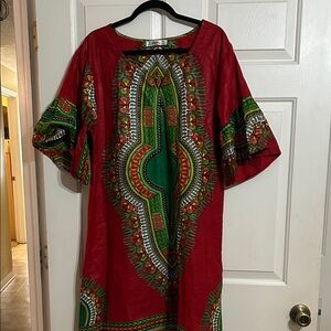 Vibrant Red and Green Long Sleeve Dashiki Dress